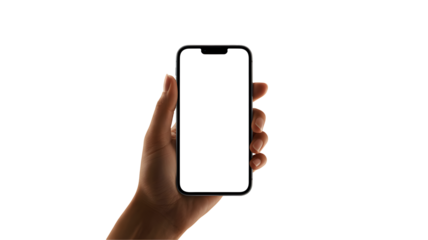 Close up of a human hand holding a modern smartphone with a blank white screen isolated on transparent background