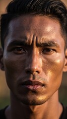 Close-up portrait of a man with sweat and gold glitter on his face.