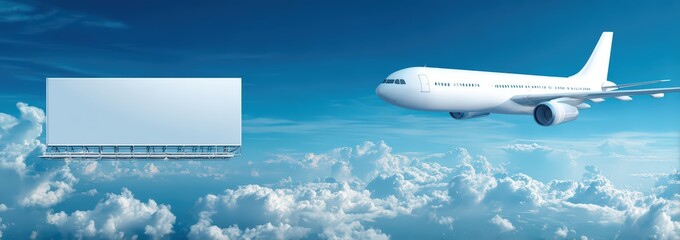 A blank billboard floats in the sky next to a white airplane