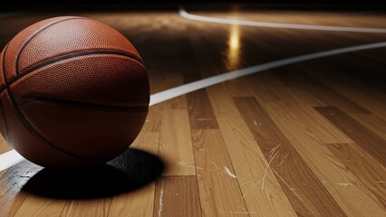 Dramatic close-up of a basketball on the white line of a shiny wooden court floor, symbolizing sports and competition