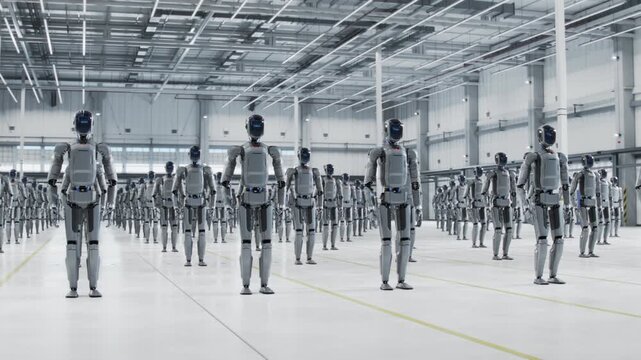 3D Animation: Rows of Autonomous AI-Powered Humanoid Robots With Glass Visors Standing in a Hangar. AI-Driven Industrial Automation Concept. A Batch of Intelligent Robots in Industrial Environment