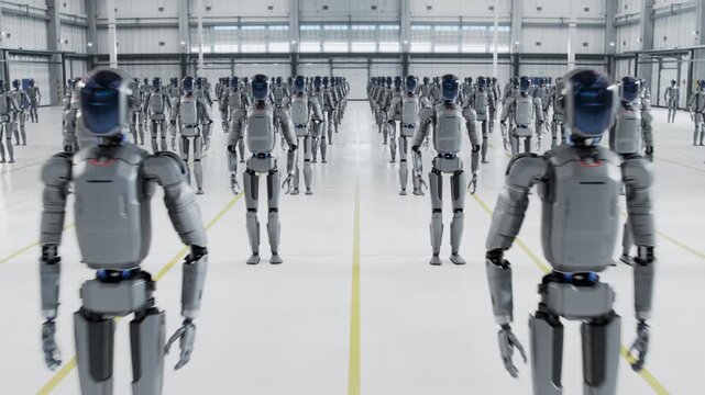 3D Animation: Crane Shot of Rows of Autonomous AI-Powered Humanoid Robots With Glass Visors Standing in a Hangar. AI-Driven Industrial Automation Concept. A Batch of Robots in Industrial Environment