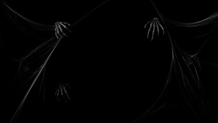 Creepy skeleton hands and cobwebs create a spooky halloween frame.