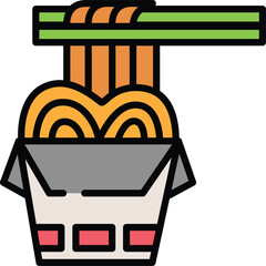 Asian noodles in a takeaway box with chopsticks, representing fast food or delivery service. A simple vector icon for Chinese cuisine