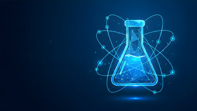 Abstract glowing blue scientific laboratory flask with atomic orbital lines on dark background