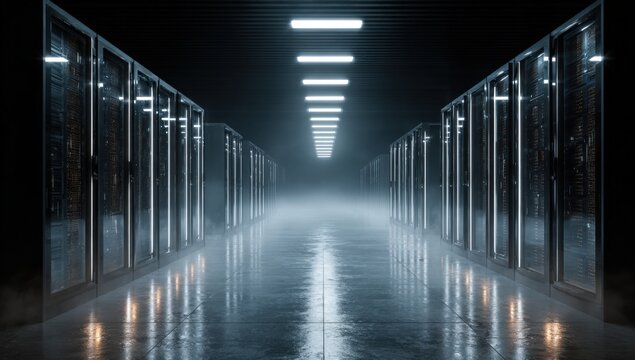 Illuminated server racks create a futuristic, atmospheric digital data center corridor