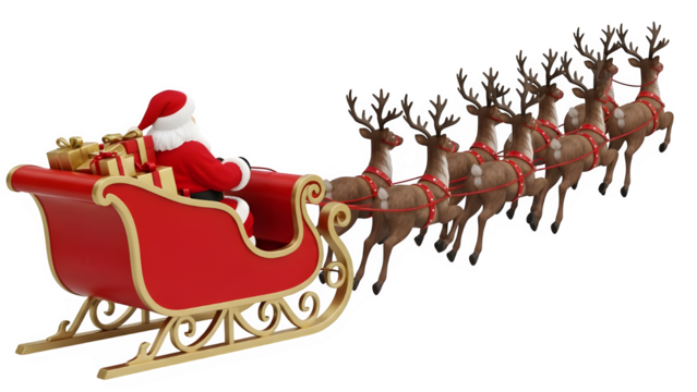 Santa claus sleigh with reindeer isolated on transparent background
