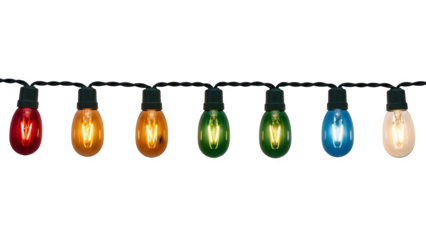 String of colorful christmas lights isolated on transparent background