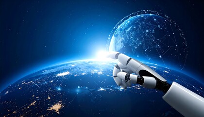 Robot Hand Touches Earth, Futuristic Technology.