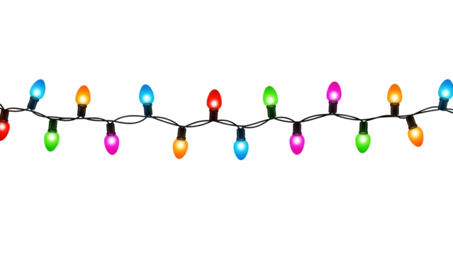Colorful christmas lights string isolated on transparent background