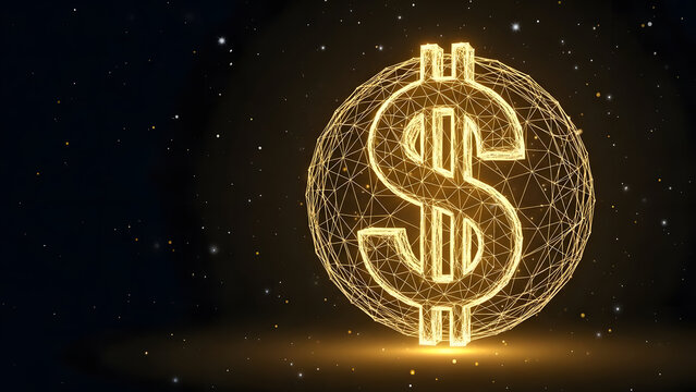 Glowing golden dollar sign symbol representing financial success and wealth on a dark background - Powered by Adobe