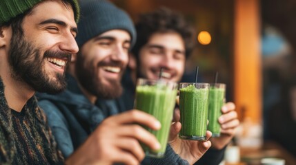 Male friends enjoying green smoothies in a cozy winter café, celebrating Veganuary with plant-based drinks, warm atmosphere, seasonal greenery
