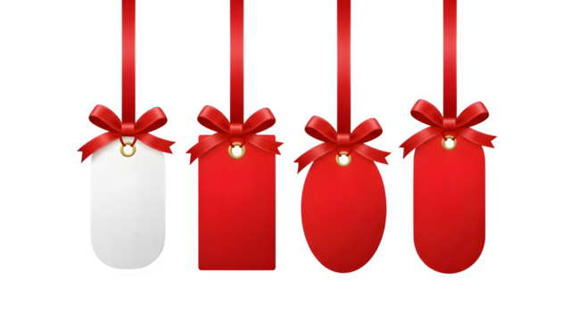 Red and white gift tags isolated on transparent background