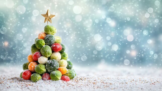 Veganuary winter challenge. Christmas tree made from Brussels sprouts and vegetables, seasonal renewal and plant based healty concept