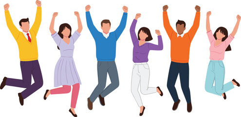 Vector Illustration of a Diverse Group of Happy People Jumping with Arms Raised in Celebration, Representing Joy, Success, Teamwork, Victory, Achievement, and Fun