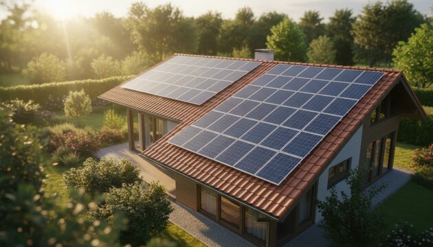 Sustainable modern home with solar panels installed on a tiled roof, capturing clean energy during a beautiful sunny sunset.