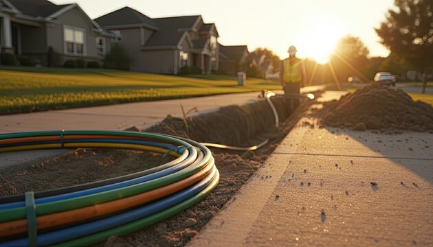 Fototapeta Colorful fiber optic conduit cables lying near a trench in a suburban neighborhood 