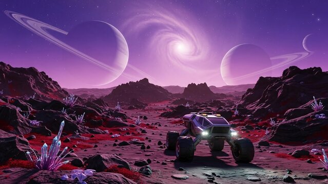 Alien Rover Exploring Rocky Exoplanet Landscape with Ringed Planets in Purple Sky