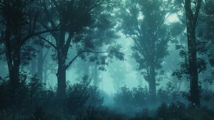 Obraz premium Mysterious forest landscape with lush trees shrouded in atmospheric mist