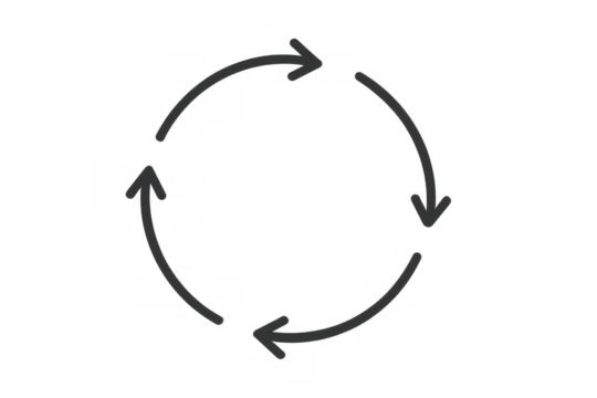 Circular arrows forming a loop showing renewal, recycling process, workflow, refresh and continuous cycle on transparent background