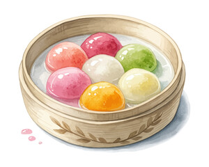 Tangyuan Sweet Rice Balls Watercolor Vector Illustration, Traditional Chinese Dessert Art Isolated on White Background