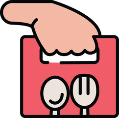 Hand holding a red takeout food box with a spoon and fork illustration, representing meal delivery and convenience