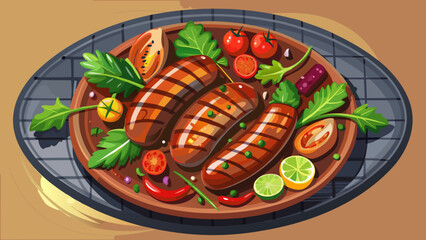 Very beautiful semi-realistic vector illustration of a grilled sausage on a barbecue grill plate, garnished with fresh herbs and accompanied by colorful vegetables, viewed from above with detailed tex