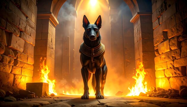 An imposing black dog stands in a stone archway amidst fire, illuminated by bright light