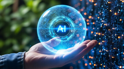 Hand holding glowing ai sphere with digital network and bokeh lights