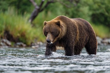 Brown bear wades through a stream fur wet fish piece in mouth against green grassy riverbank