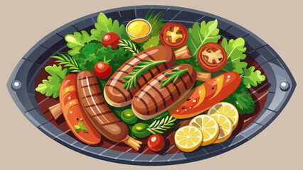 Very beautiful semi-realistic vector illustration of a grilled sausage on a barbecue grill plate, garnished with fresh herbs and accompanied by colorful vegetables, viewed from above with detailed tex