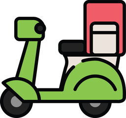 Green scooter with a red delivery box, ideal for food delivery and urban transport illustrations