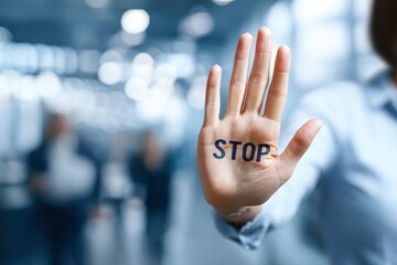 A hand is extended forward with the word STOP imprinted on the palm The background is blurred