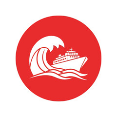 Maritime cruise ship vector icon with ocean wave red circle Vector