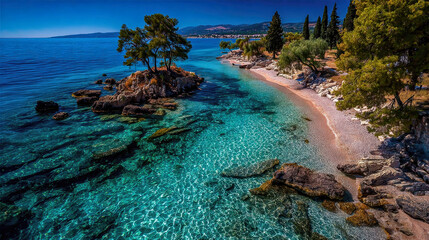 Crystal clear turquoise sea and rocky shoreline with vibrant coastal trees under bright sunlight