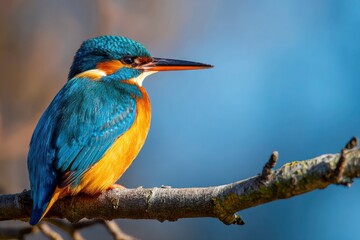 A vivid kingfisher perched on a lichened branch against a blurred background