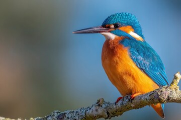 A kingfisher perches on a mossy branch displaying its vibrant blue and orange plumage