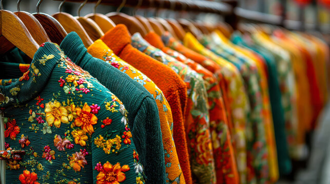 A rack of clothes with a floral pattern on them. The clothes are hanging on a rack and are of different colors