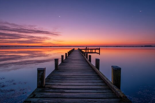 Wooden pier extends into still water under a pastel sunset sky with distant city lights - Powered by Adobe