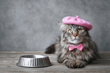 A cat sits on a wooden floor wearing a pink beret and bow tie beside a metal food bowl