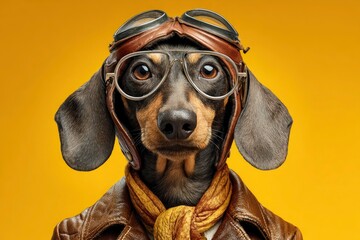 A dachshund wears aviator goggles and a leather jacket