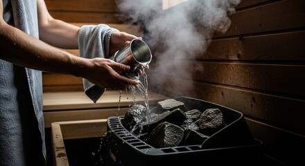 Person pouring water on sauna stones to create steam.