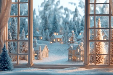 A snow scene viewed through a window featuring miniature houses and trees Snow is falling