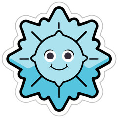 Cheerful Snowflake Emblem sticker: A charming illustration depicts a smiling snowflake emblem. Its delicate ice crystal shape, coupled with a happy face, embodies the whimsical essence of winter. 