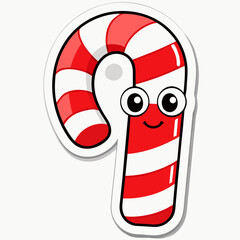 Candy Cane Delight sticker: A cheerful candy cane with a charming smile and adorable eyes, a sweet symbol of festive joy.