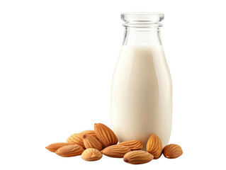 Fresh almond milk in glass bottle with almonds for a healthy lifestyle choice