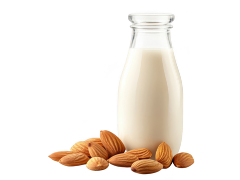 Fresh almond milk in glass bottle with almonds for a healthy lifestyle choice