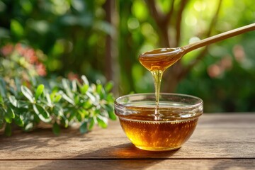 Honey drips from a wooden spoon into a glass bowl set on a wooden surface against a blurred green background