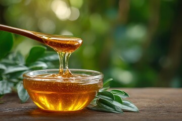 Honey pours from a wooden spoon into a glass bowl set against a backdrop of foliage