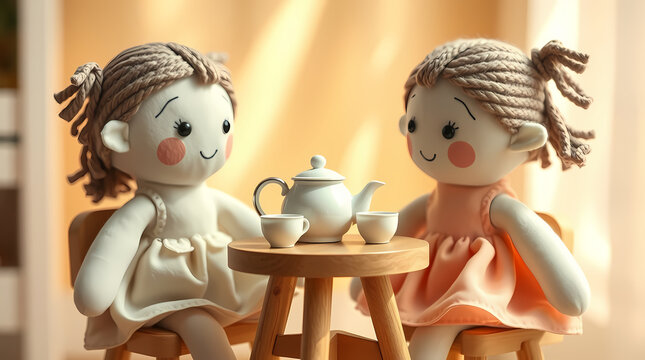 Two cute textile dolls are sitting at a table with a teapot and cups.